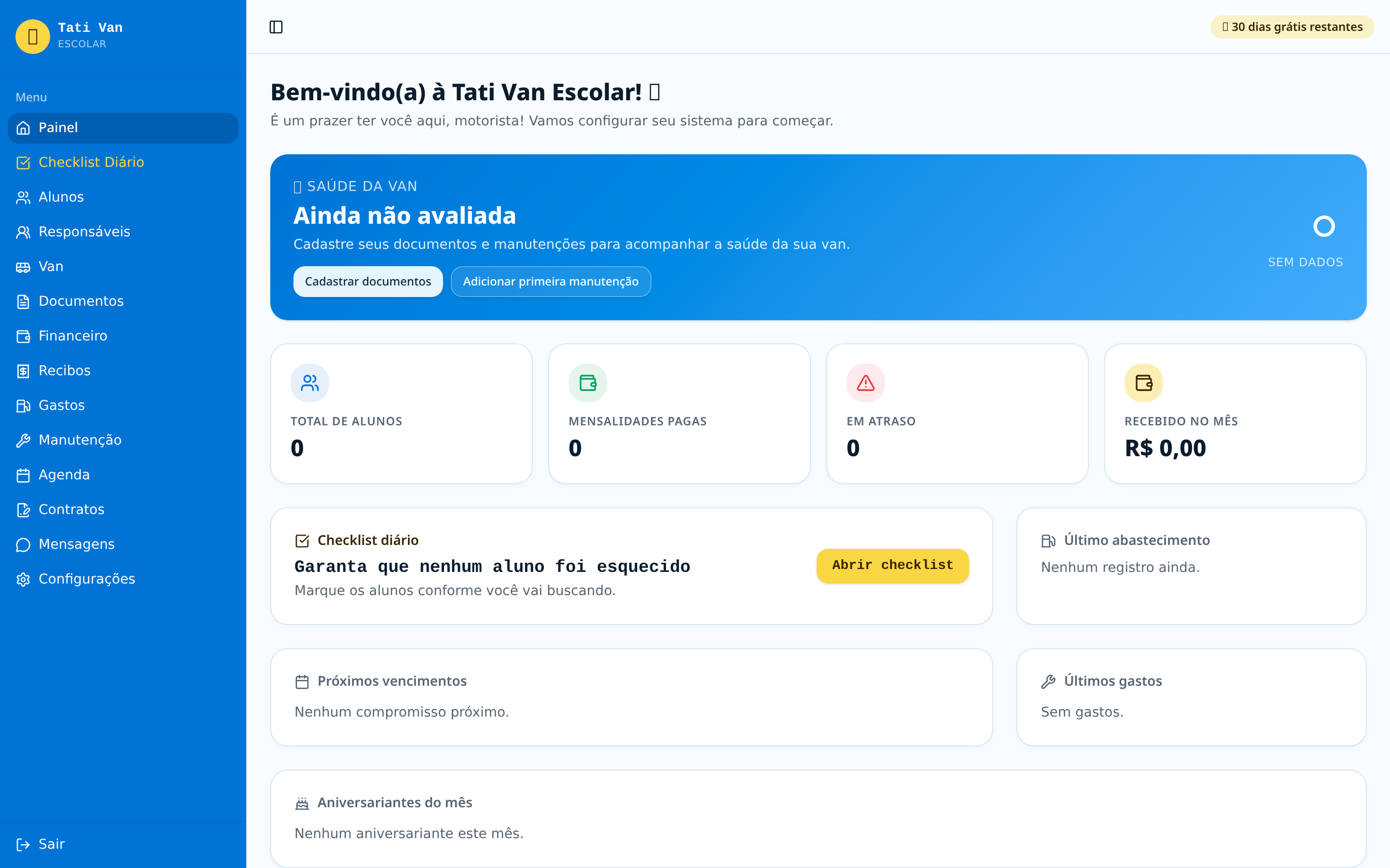 Tela Dashboard Inteligente da Tati Van Escolar