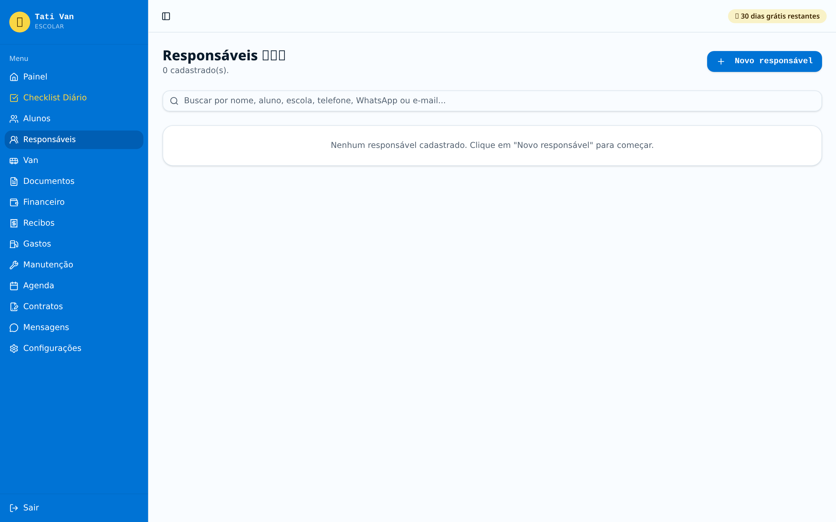 Tela Cadastro de Responsáveis da Tati Van Escolar